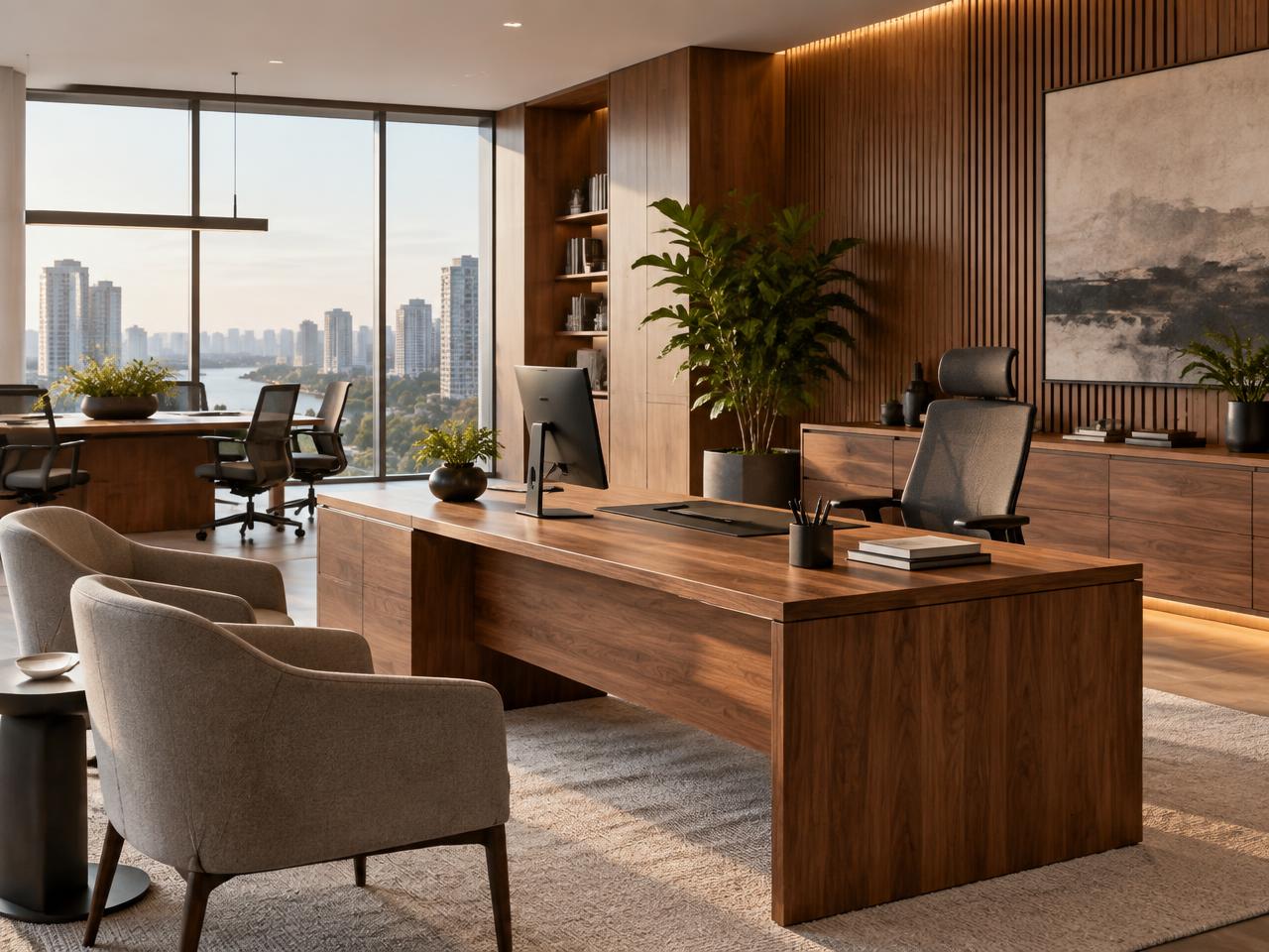 Handcrafted wooden office furniture in a modern interior